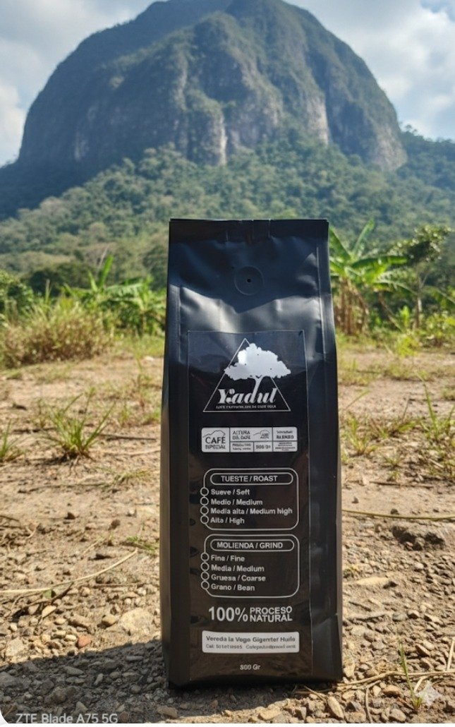 Bolsa negra de café especial Yadul Coffee de 500 gramos frente a una montaña